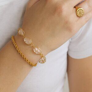 Vintage Polished Rose Quartz Stones with Gold Wire Cage Bracelet EUC